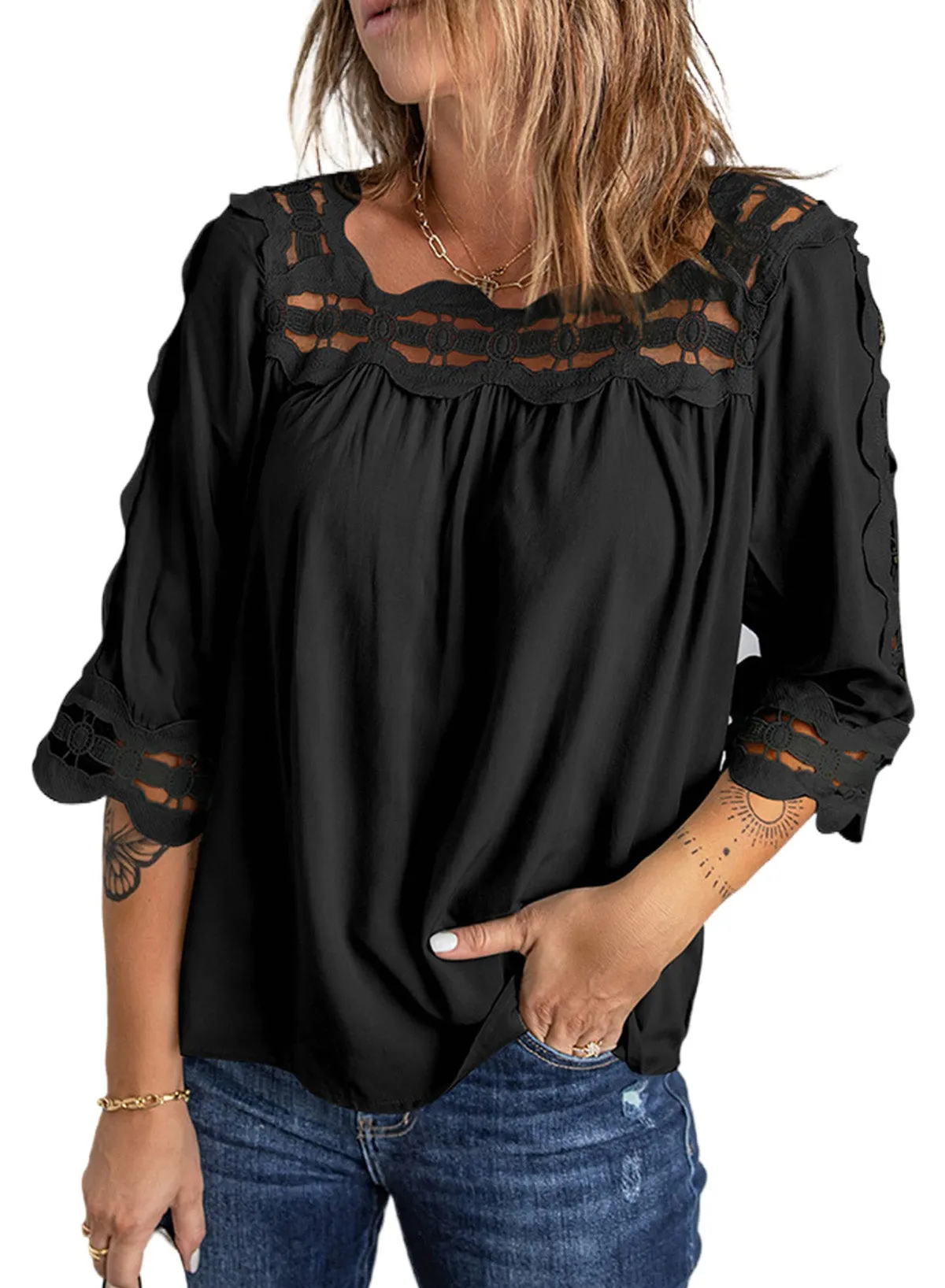 3/4 Sleeve Crochet Trim Hollow-out Blouse