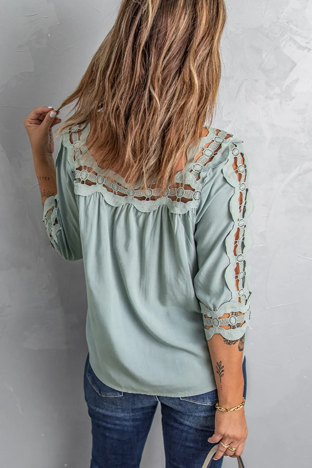3/4 Sleeve Crochet Trim Hollow-out Blouse