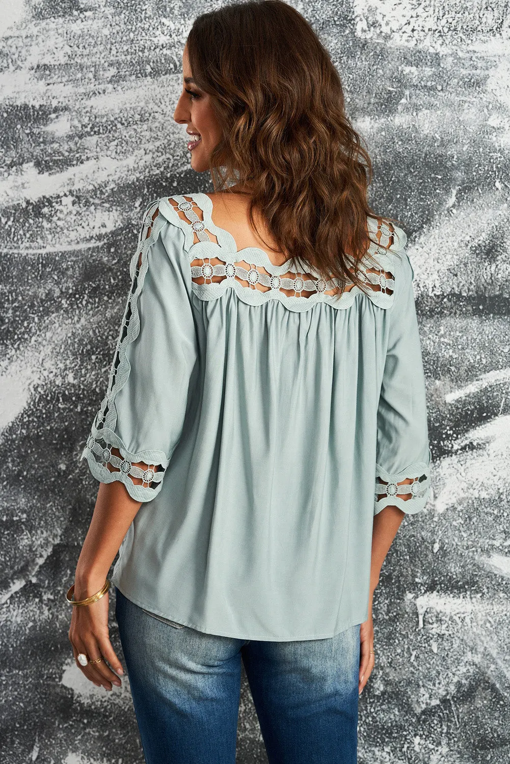3/4 Sleeve Crochet Trim Hollow-out Blouse