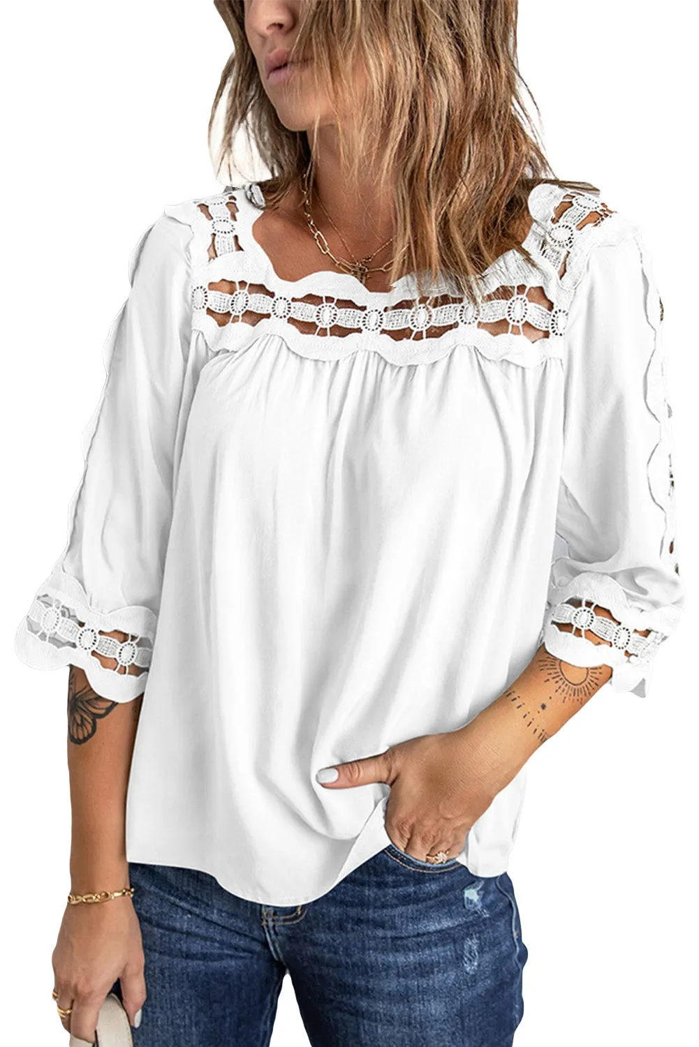 3/4 Sleeve Crochet Trim Hollow-out Blouse