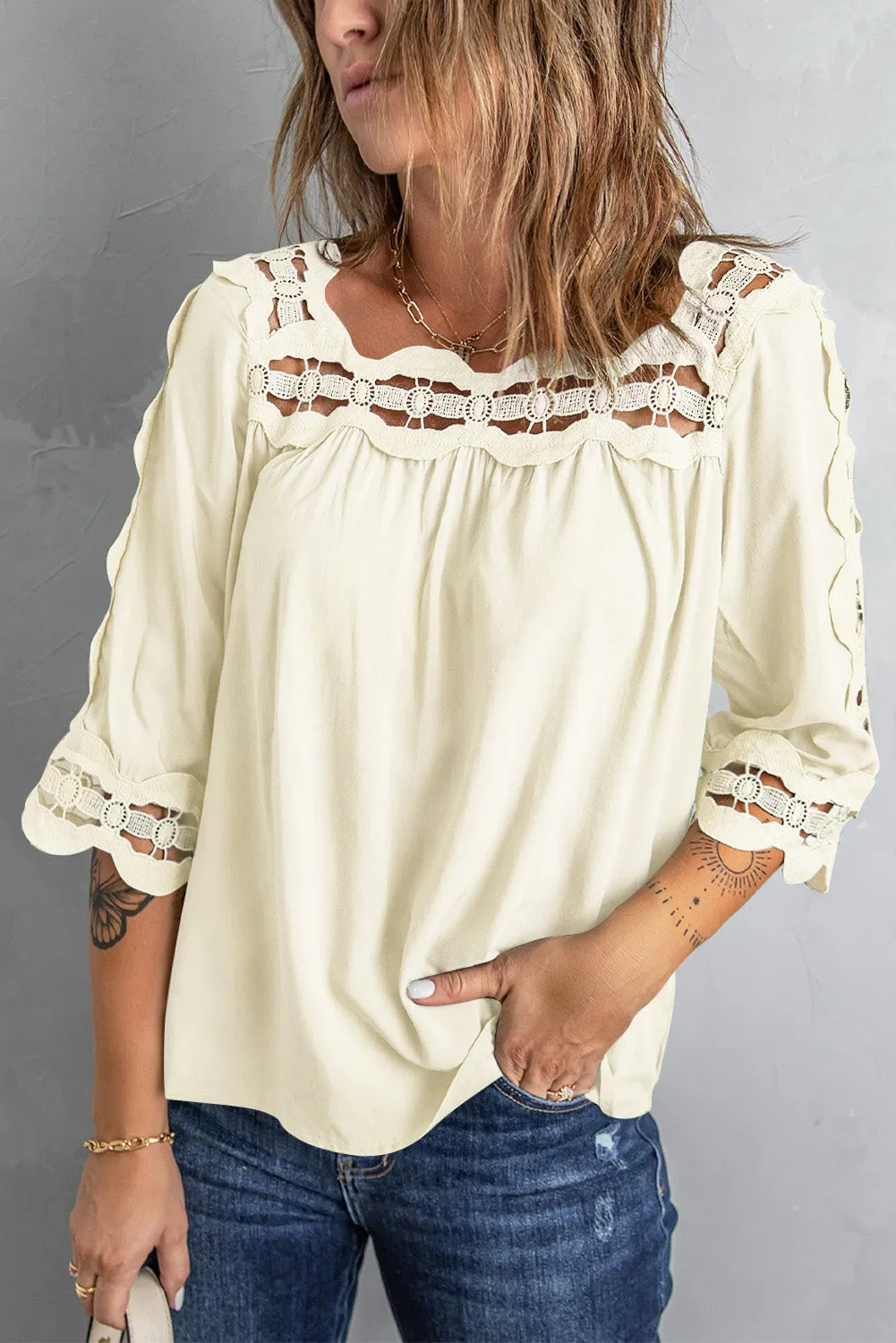 3/4 Sleeve Crochet Trim Hollow-out Blouse