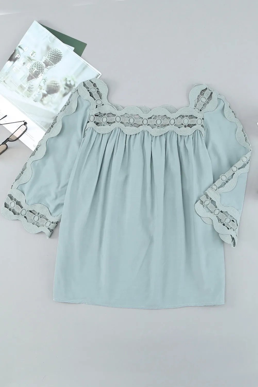 3/4 Sleeve Crochet Trim Hollow-out Blouse