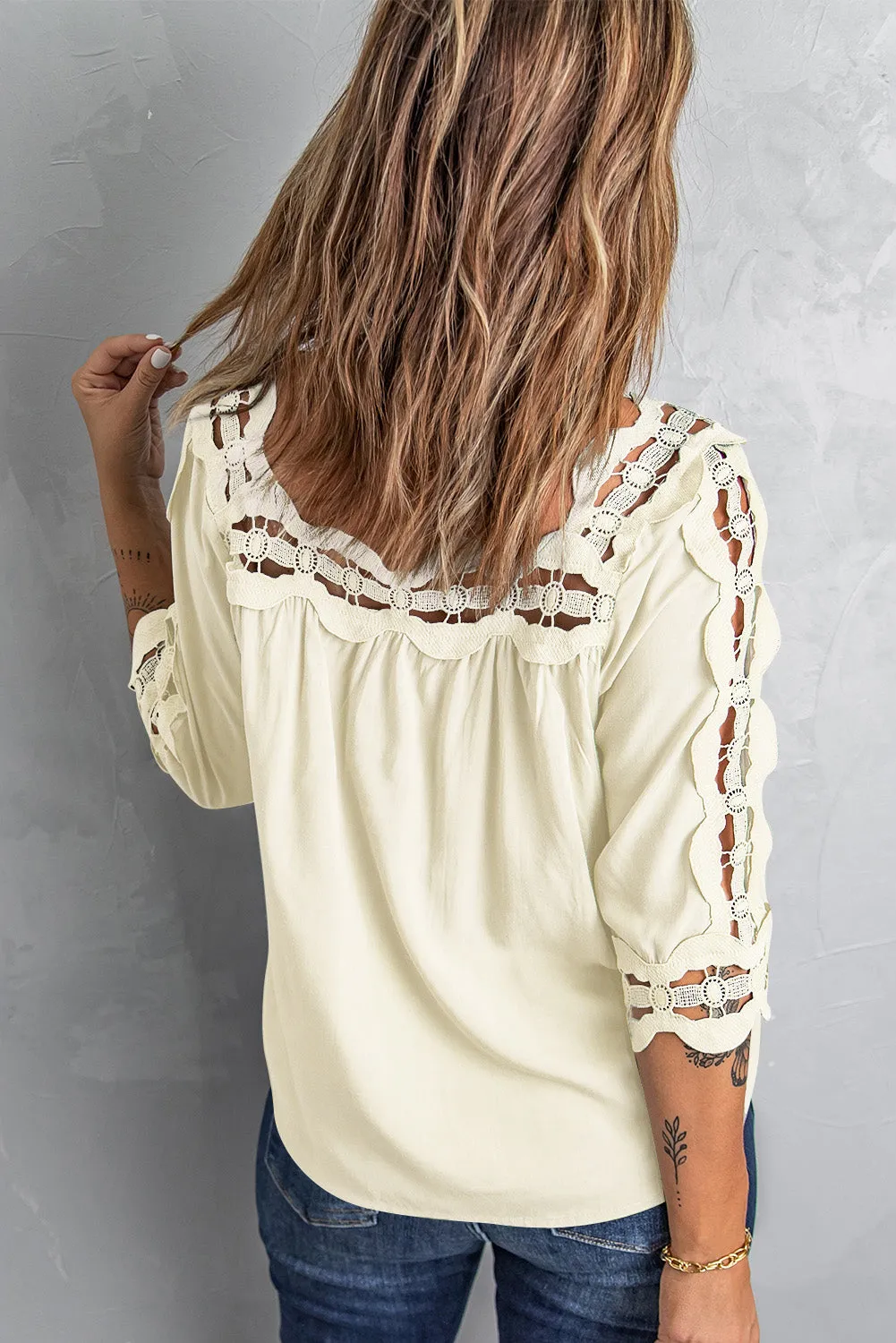 3/4 Sleeve Crochet Trim Hollow-out Blouse