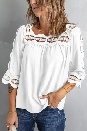 3/4 Sleeve Crochet Trim Hollow-out Blouse