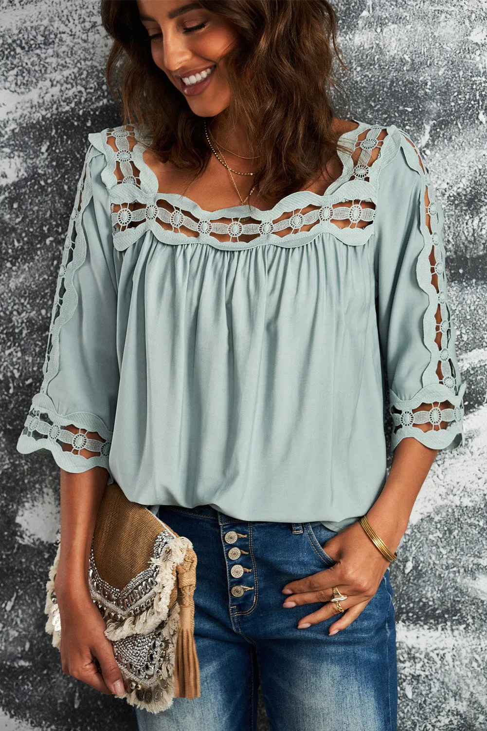 3/4 Sleeve Crochet Trim Hollow-out Blouse