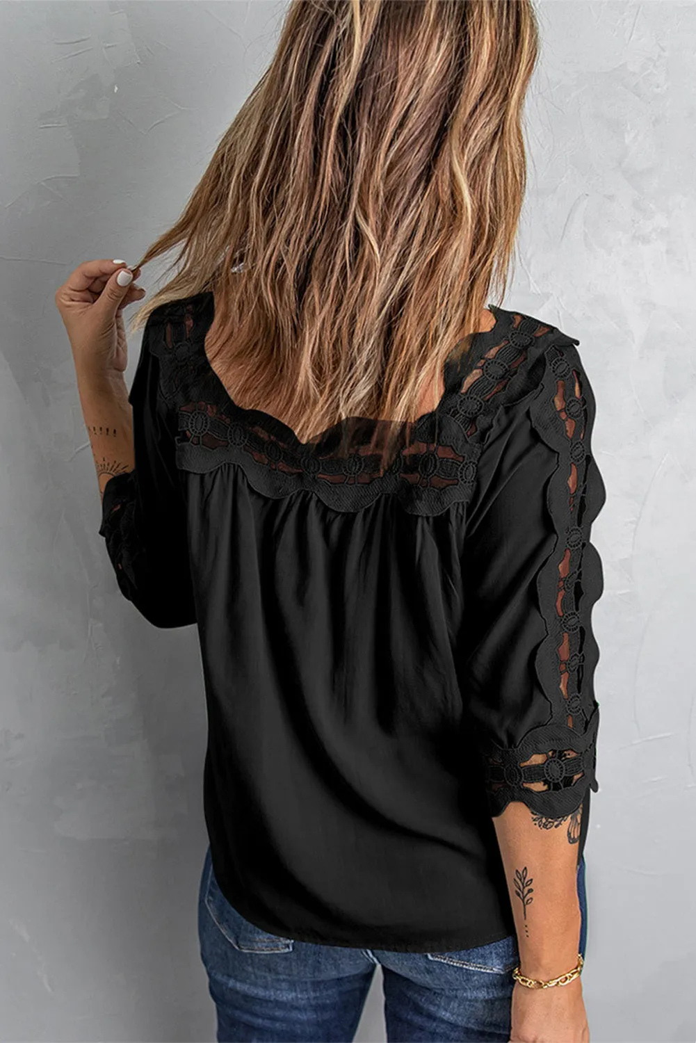 3/4 Sleeve Crochet Trim Hollow-out Blouse