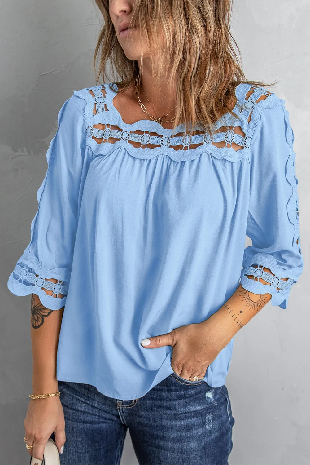 3/4 Sleeve Crochet Trim Hollow-out Blouse