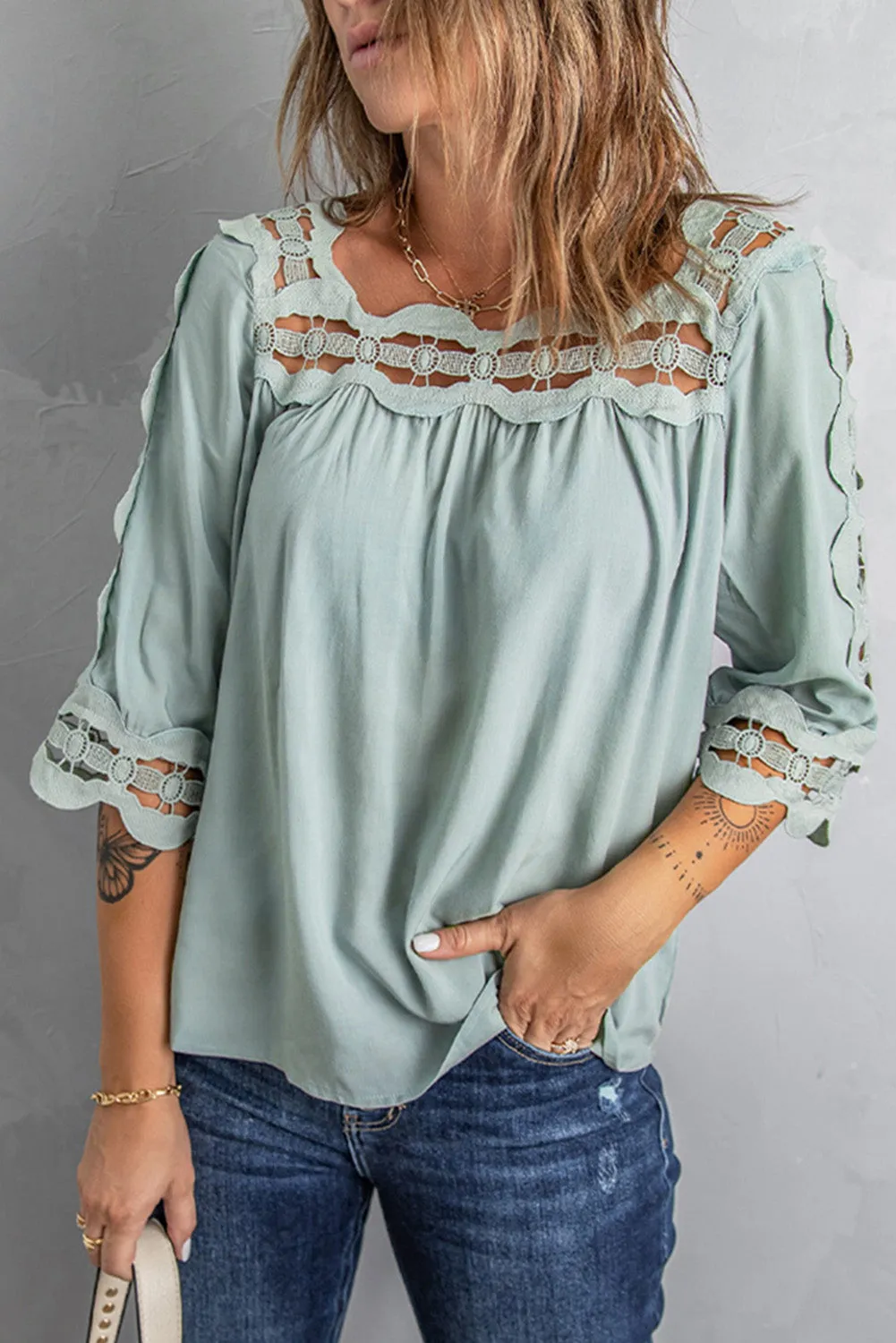 3/4 Sleeve Crochet Trim Hollow-out Blouse