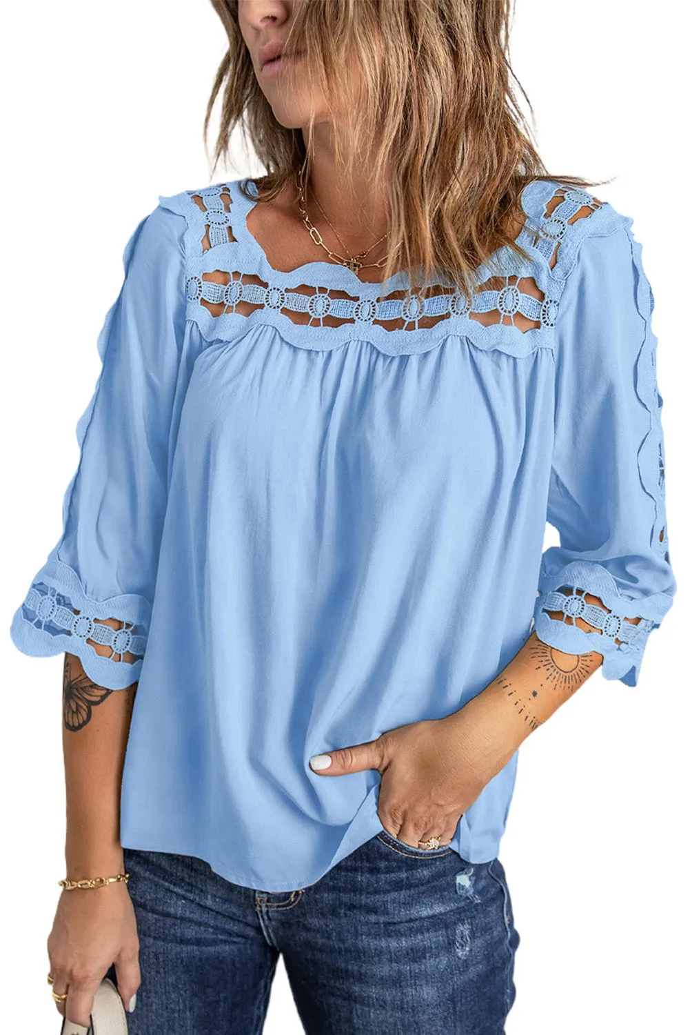 3/4 Sleeve Crochet Trim Hollow-out Blouse