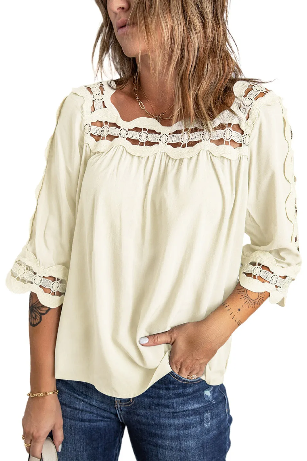 3/4 Sleeve Crochet Trim Hollow-out Blouse