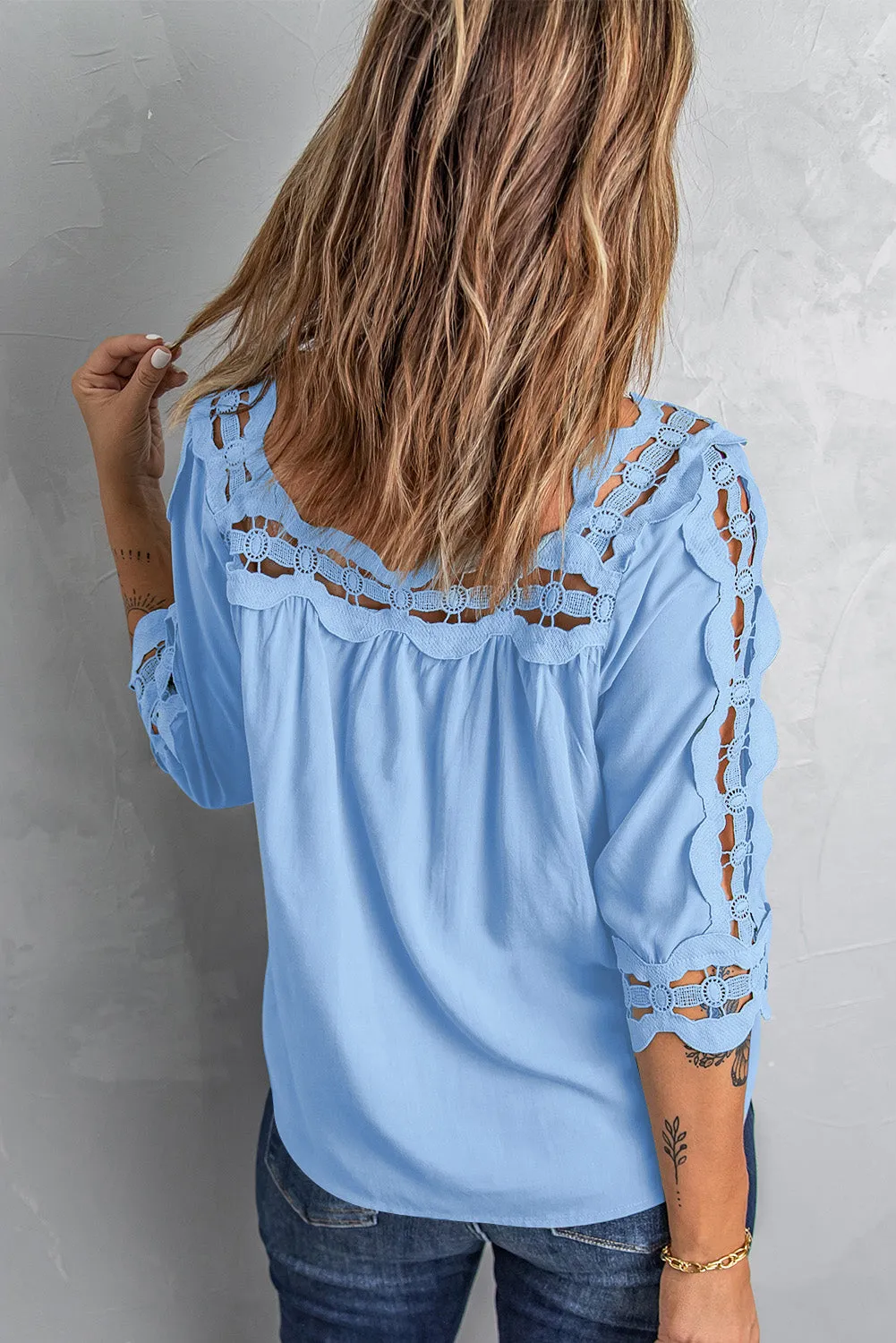 3/4 Sleeve Crochet Trim Hollow-out Blouse
