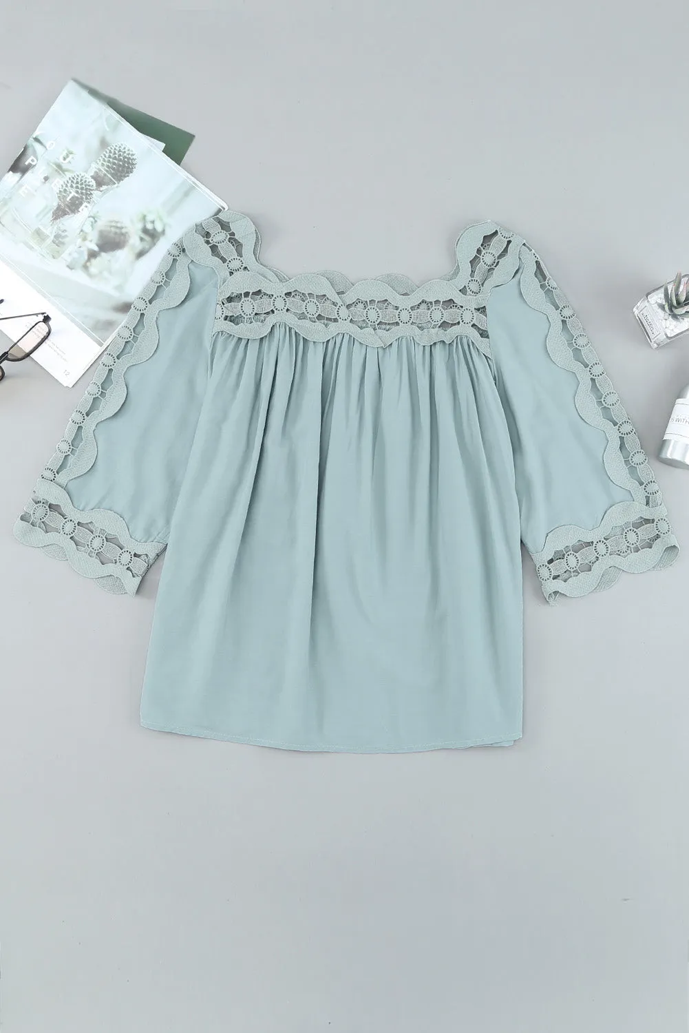3/4 Sleeve Crochet Trim Hollow-out Blouse