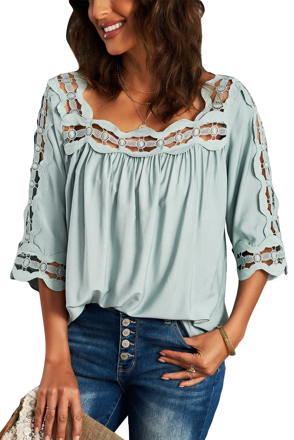 3/4 Sleeve Crochet Trim Hollow-out Blouse