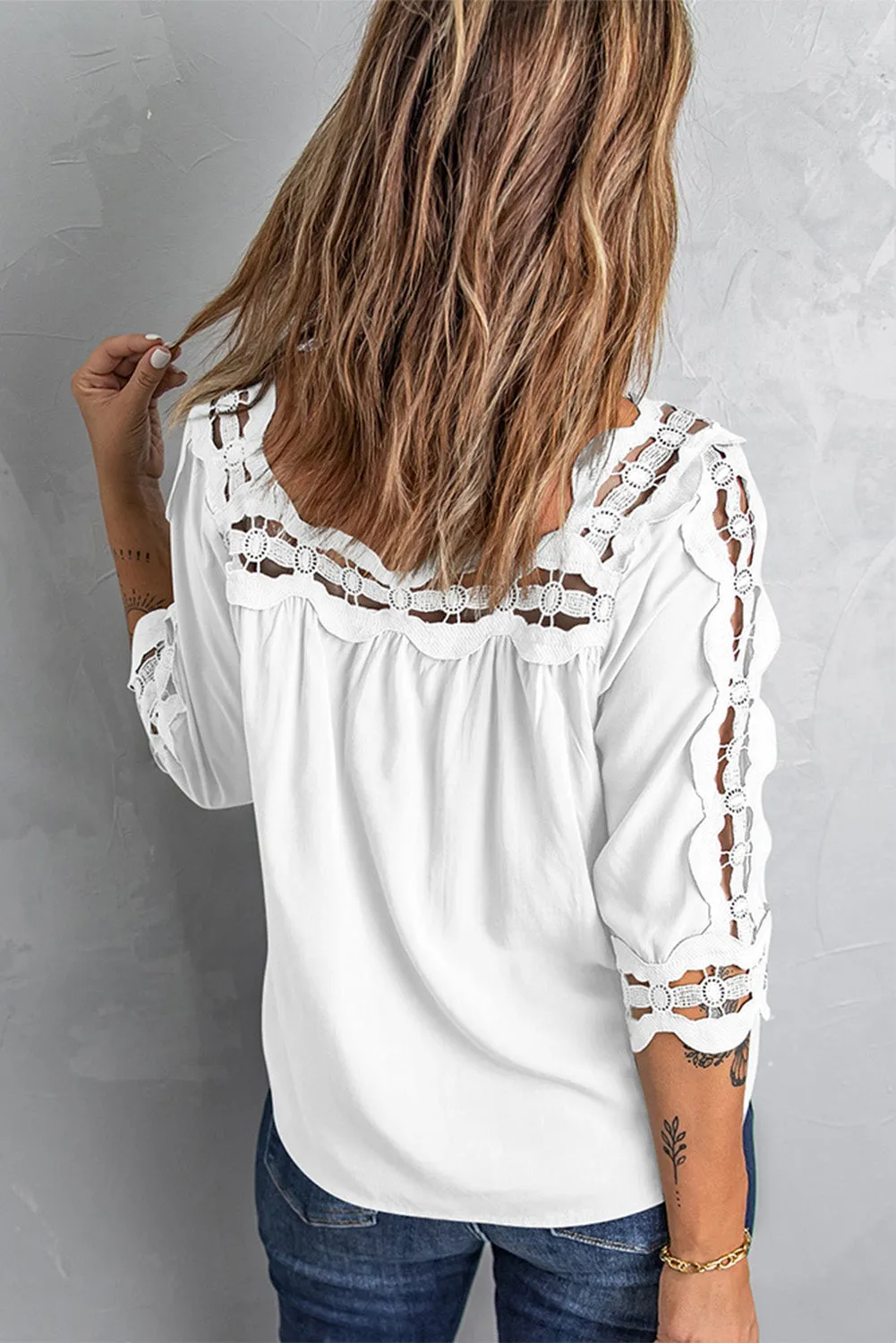 3/4 Sleeve Crochet Trim Hollow-out Blouse