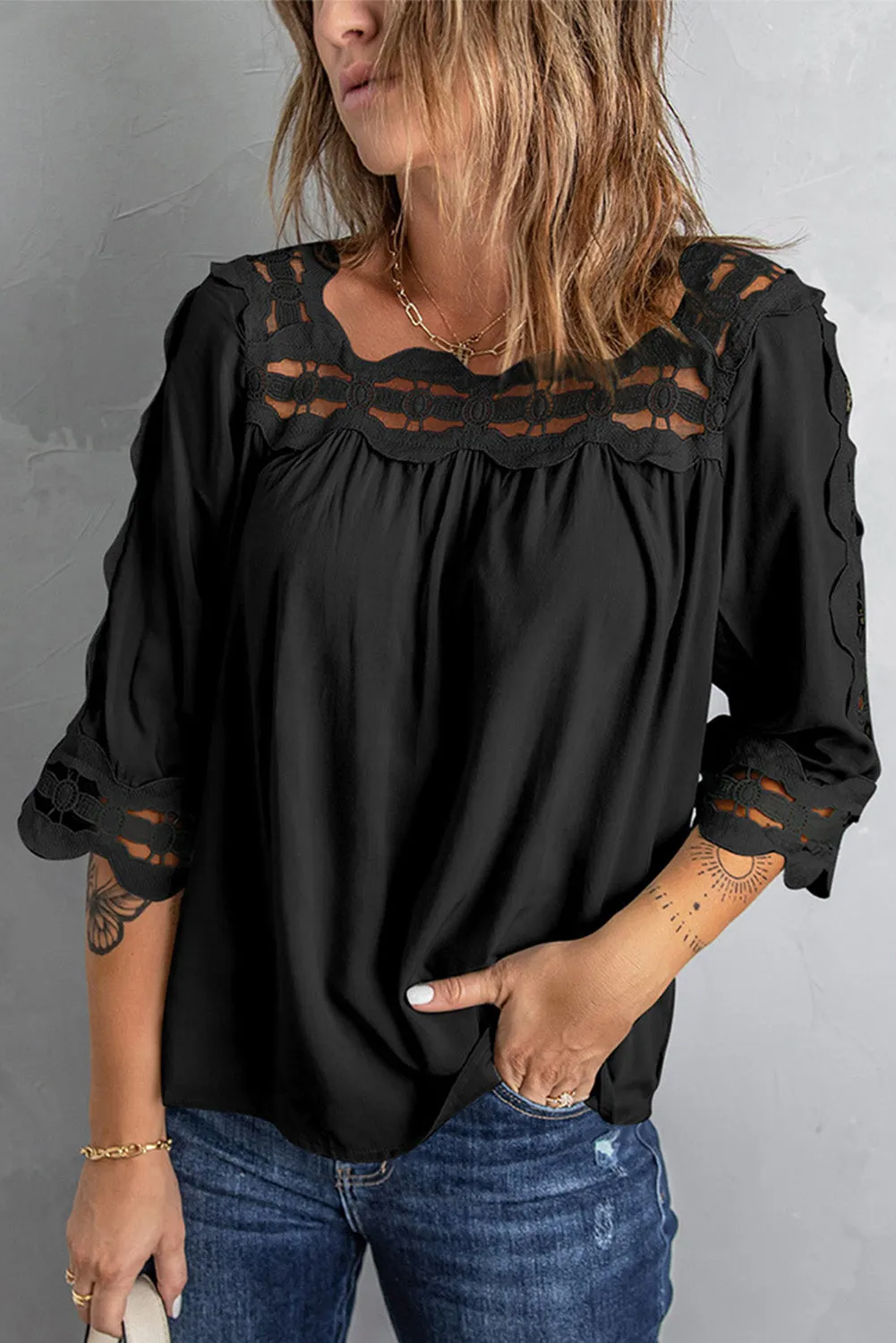3/4 Sleeve Crochet Trim Hollow-out Blouse