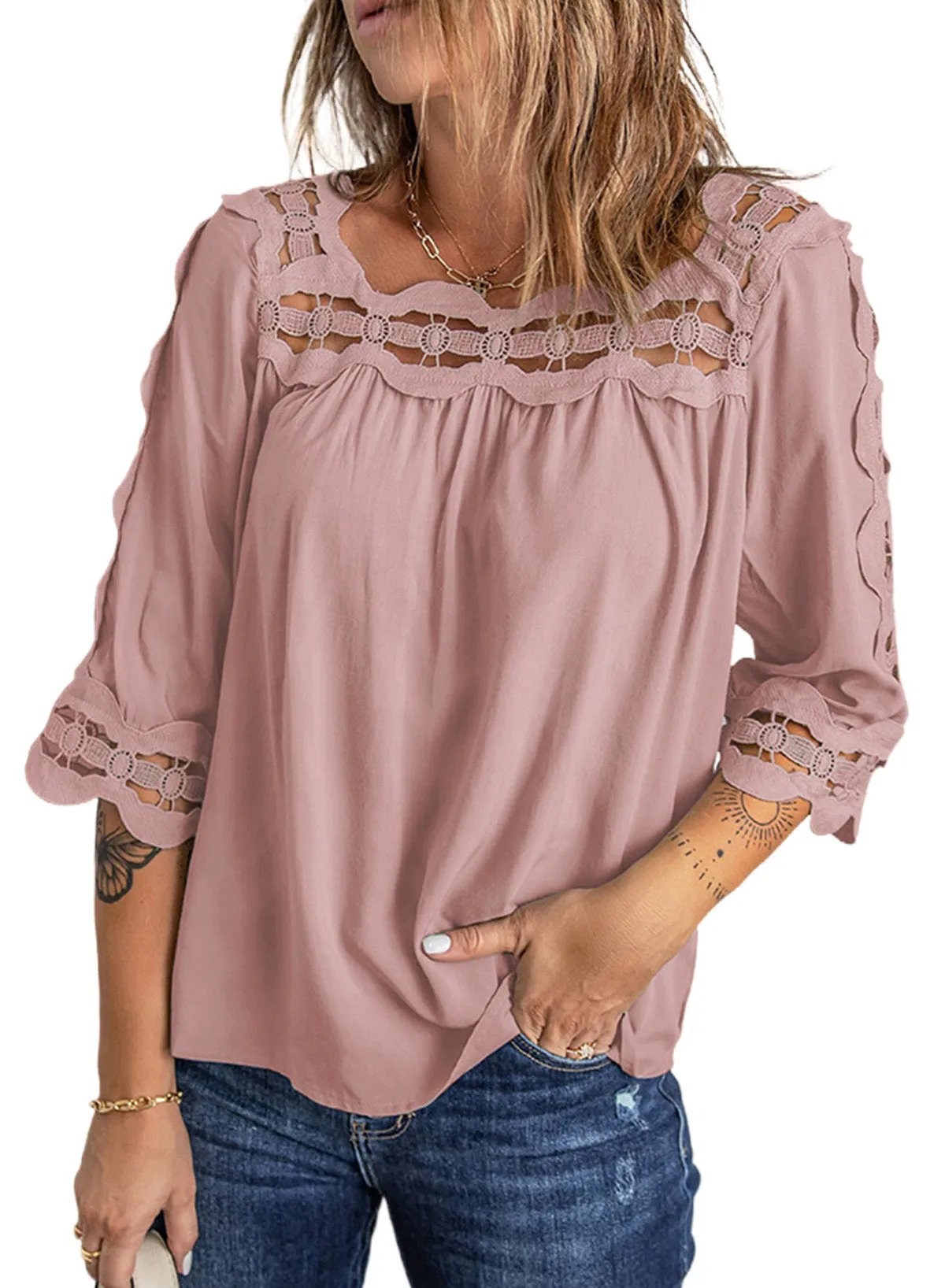 3/4 Sleeve Crochet Trim Hollow-out Blouse