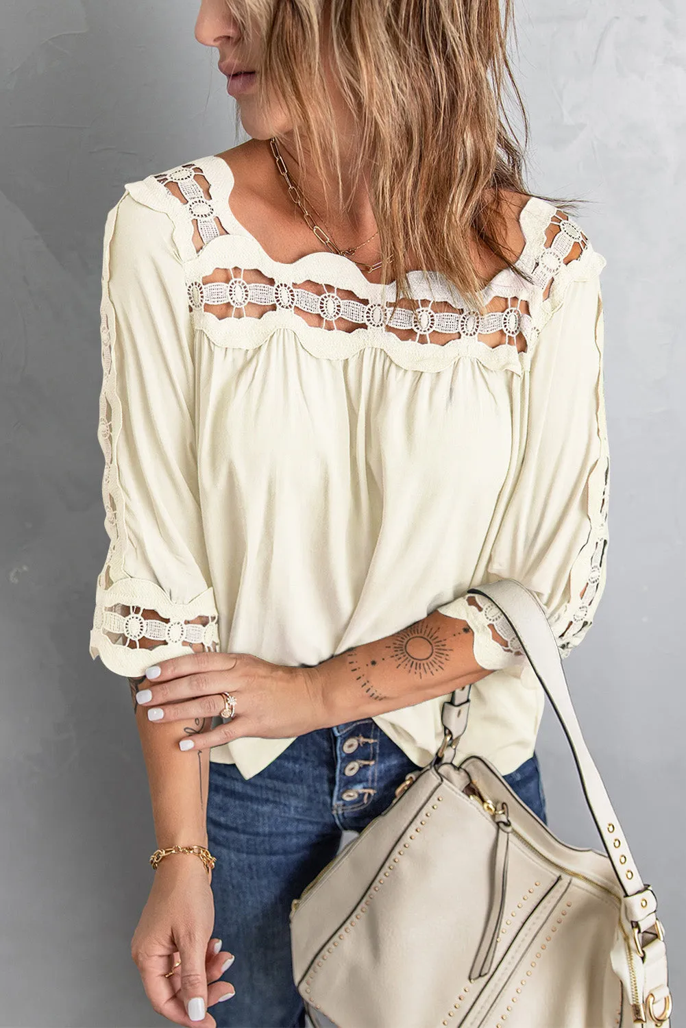 3/4 Sleeve Crochet Trim Hollow-out Blouse