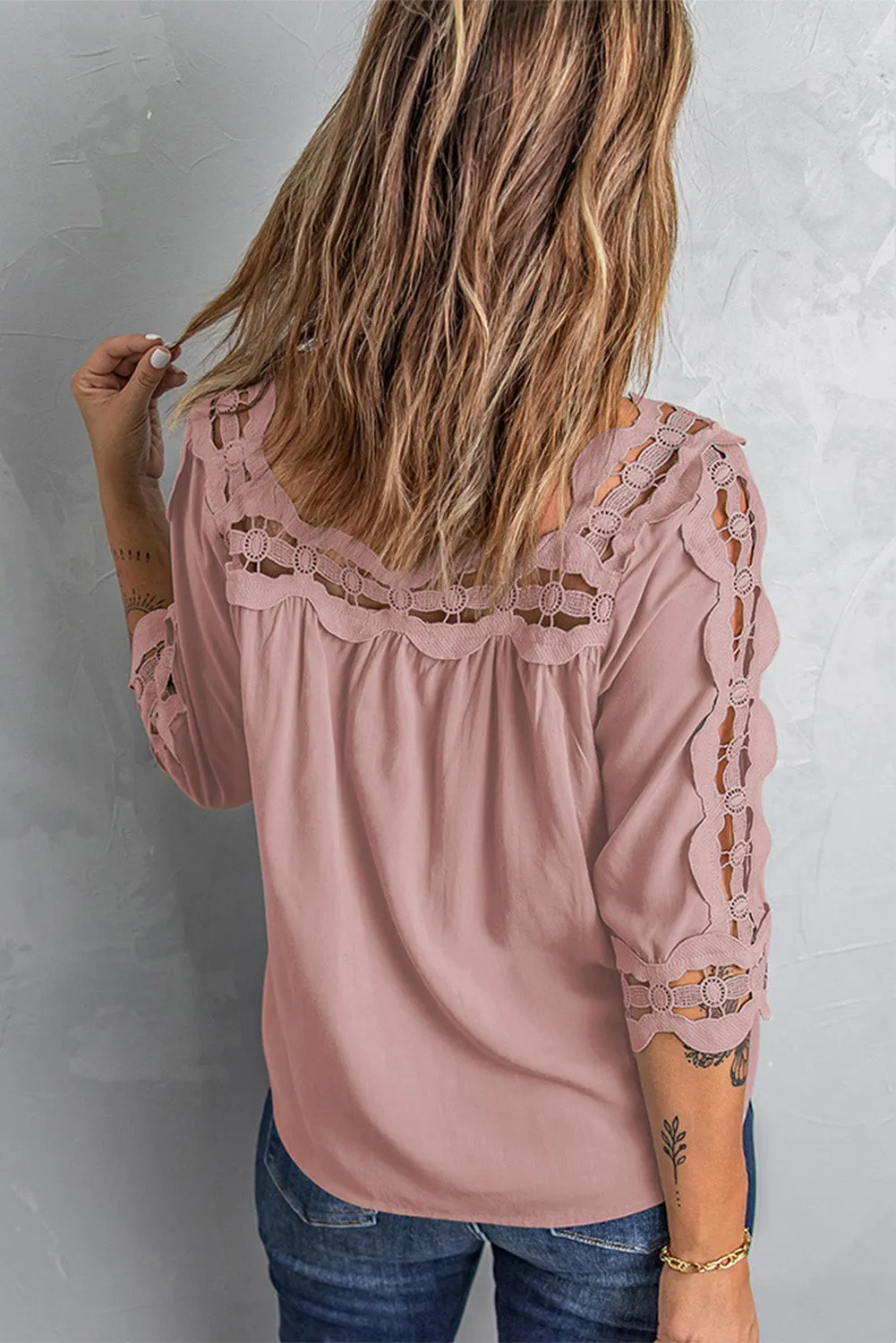 3/4 Sleeve Crochet Trim Hollow-out Blouse