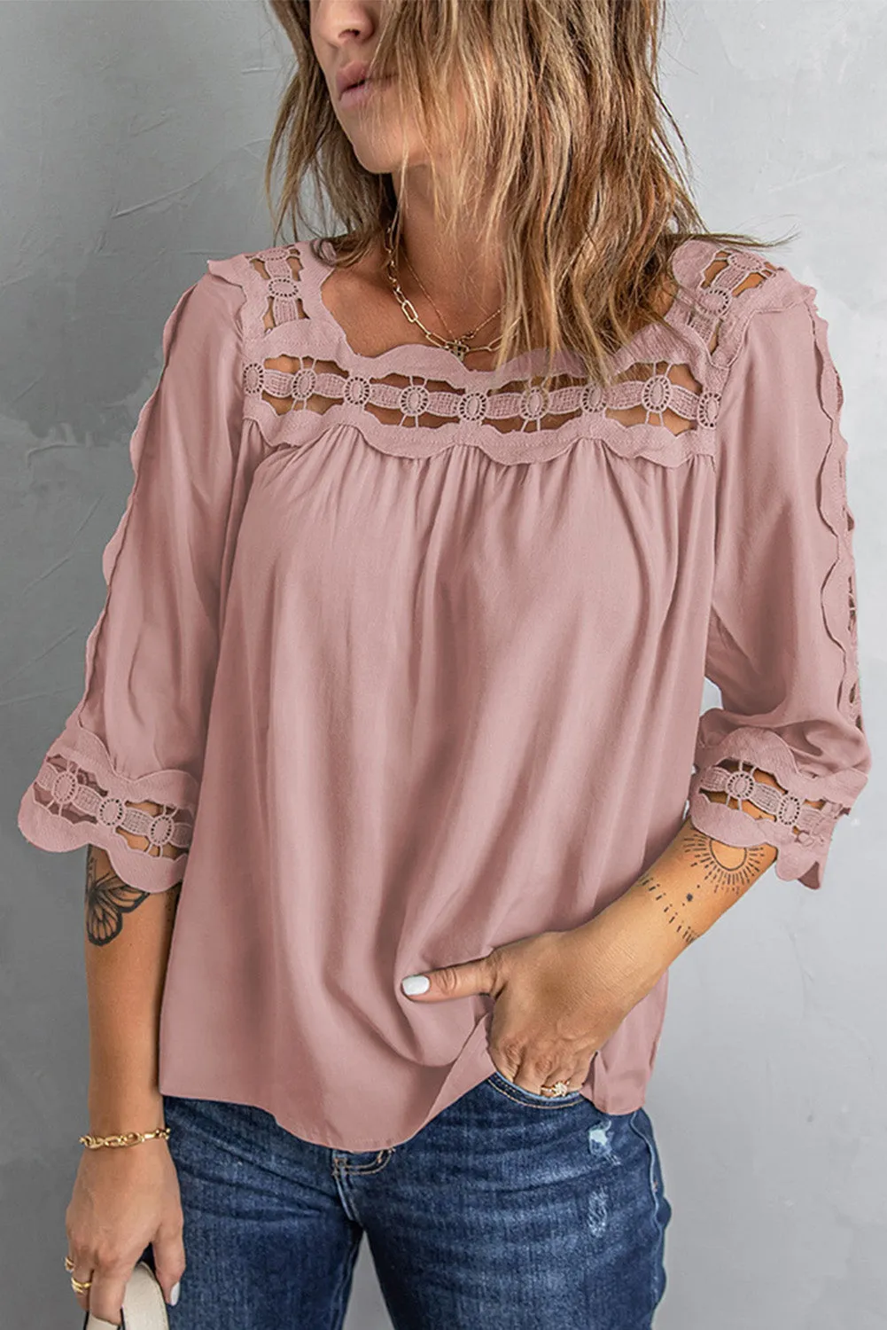3/4 Sleeve Crochet Trim Hollow-out Blouse