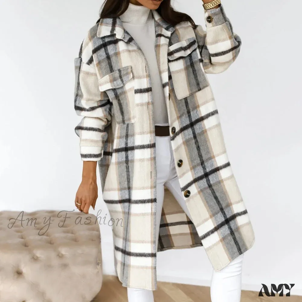 Amy Fashion - Plaid Long Blouses Coat
