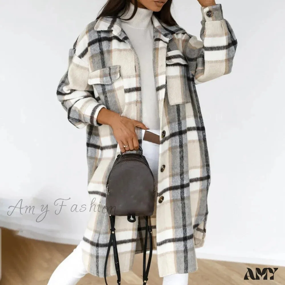 Amy Fashion - Plaid Long Blouses Coat