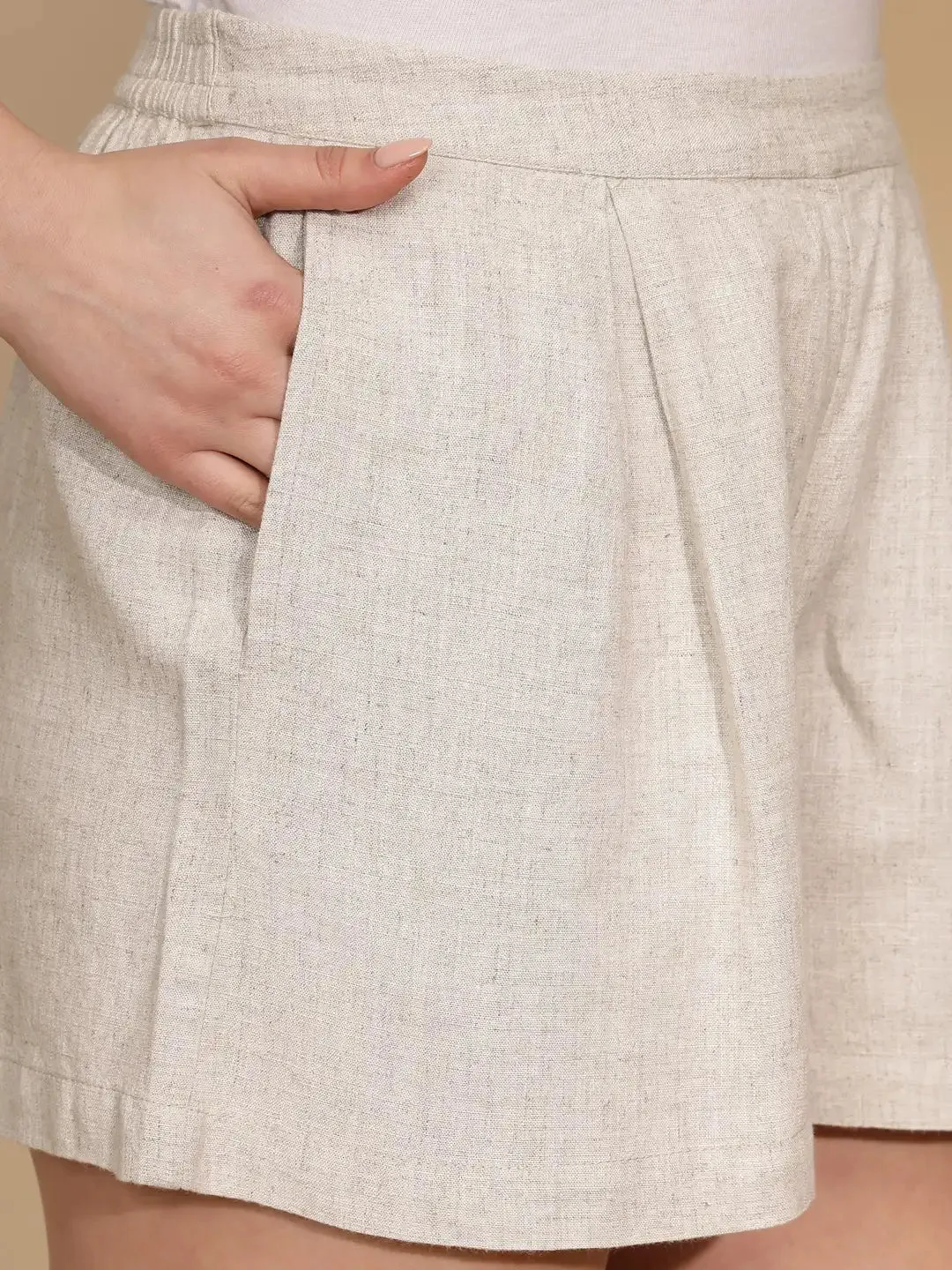 Beige Linen Regular Fit Shorts For Women