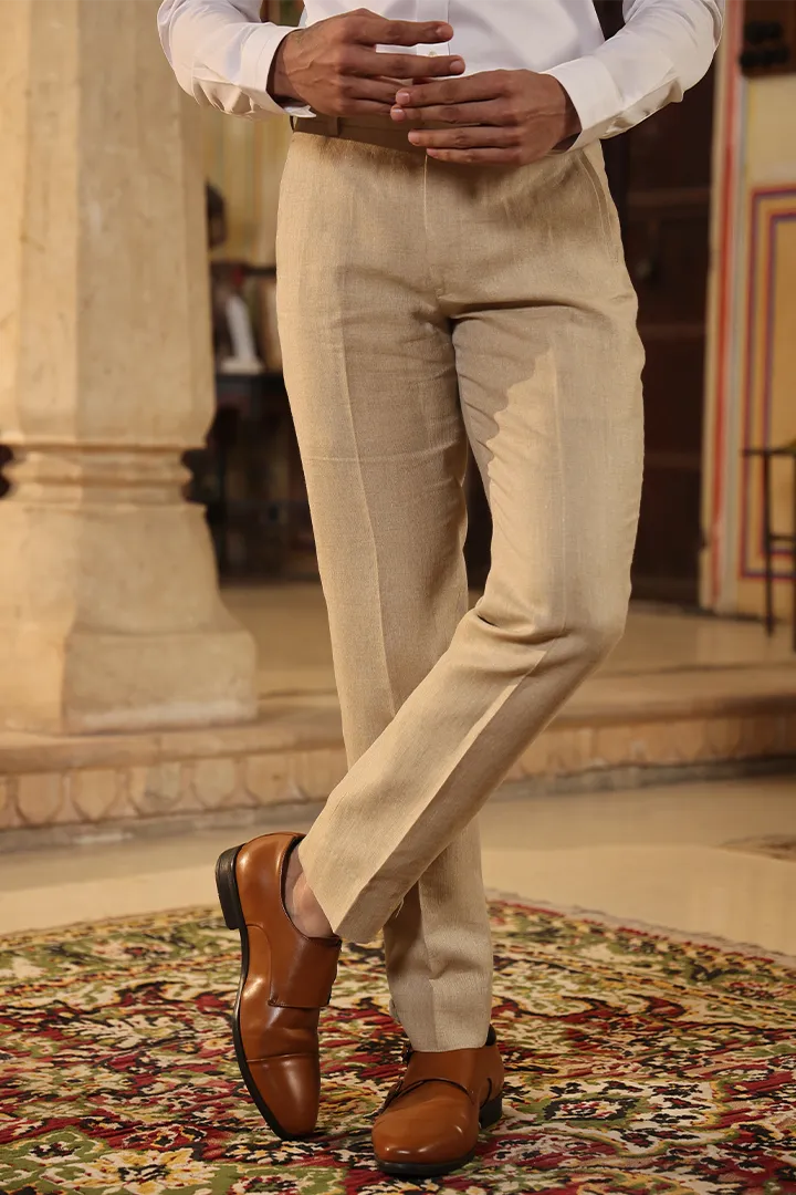 Beige Looped Button Bottom Linen Pants