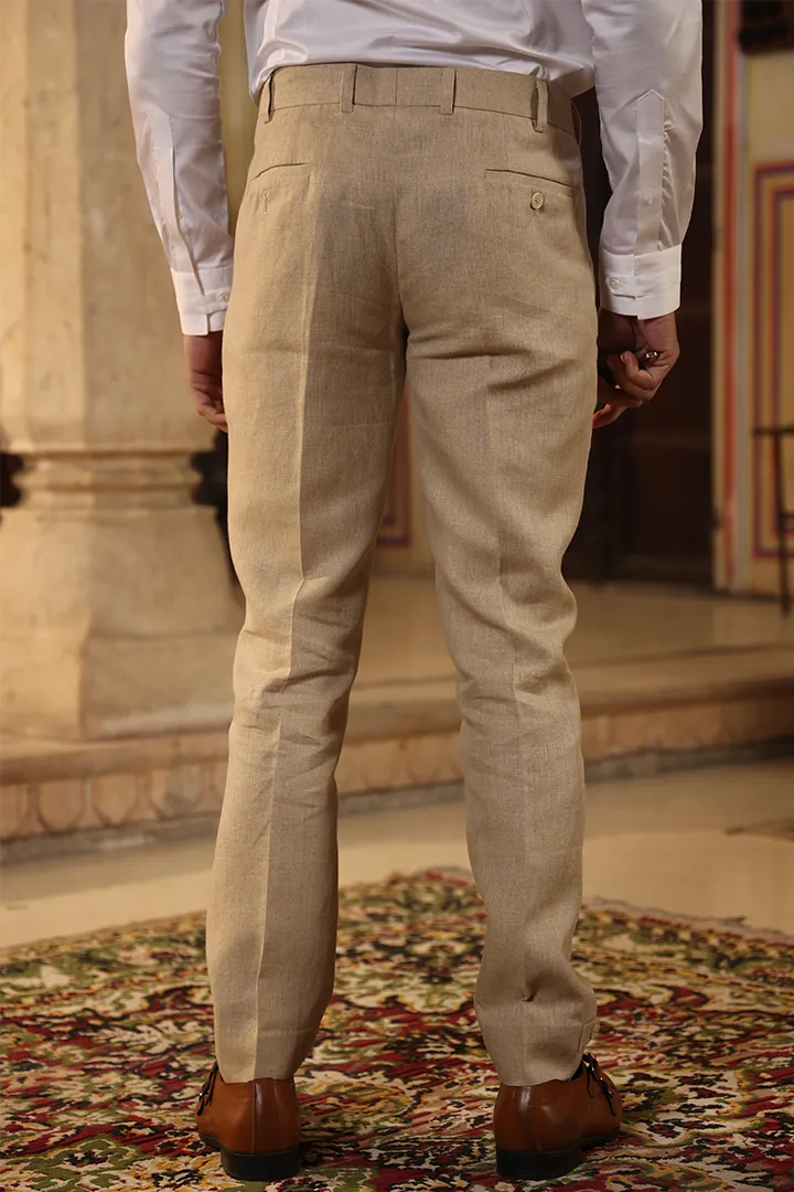 Beige Looped Button Bottom Linen Pants