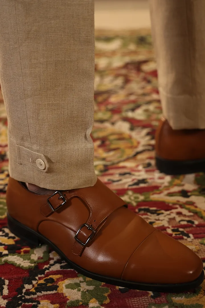 Beige Looped Button Bottom Linen Pants