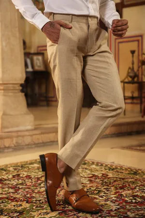 Beige Looped Button Bottom Linen Pants
