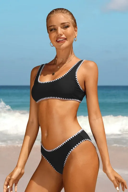Black Crop Top High Cut Two Piece Swimsuit Sets