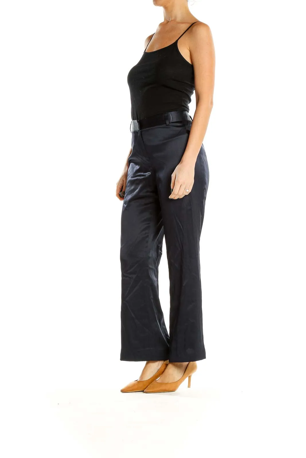 Blue Silk Textured Classic Flare Trousers
