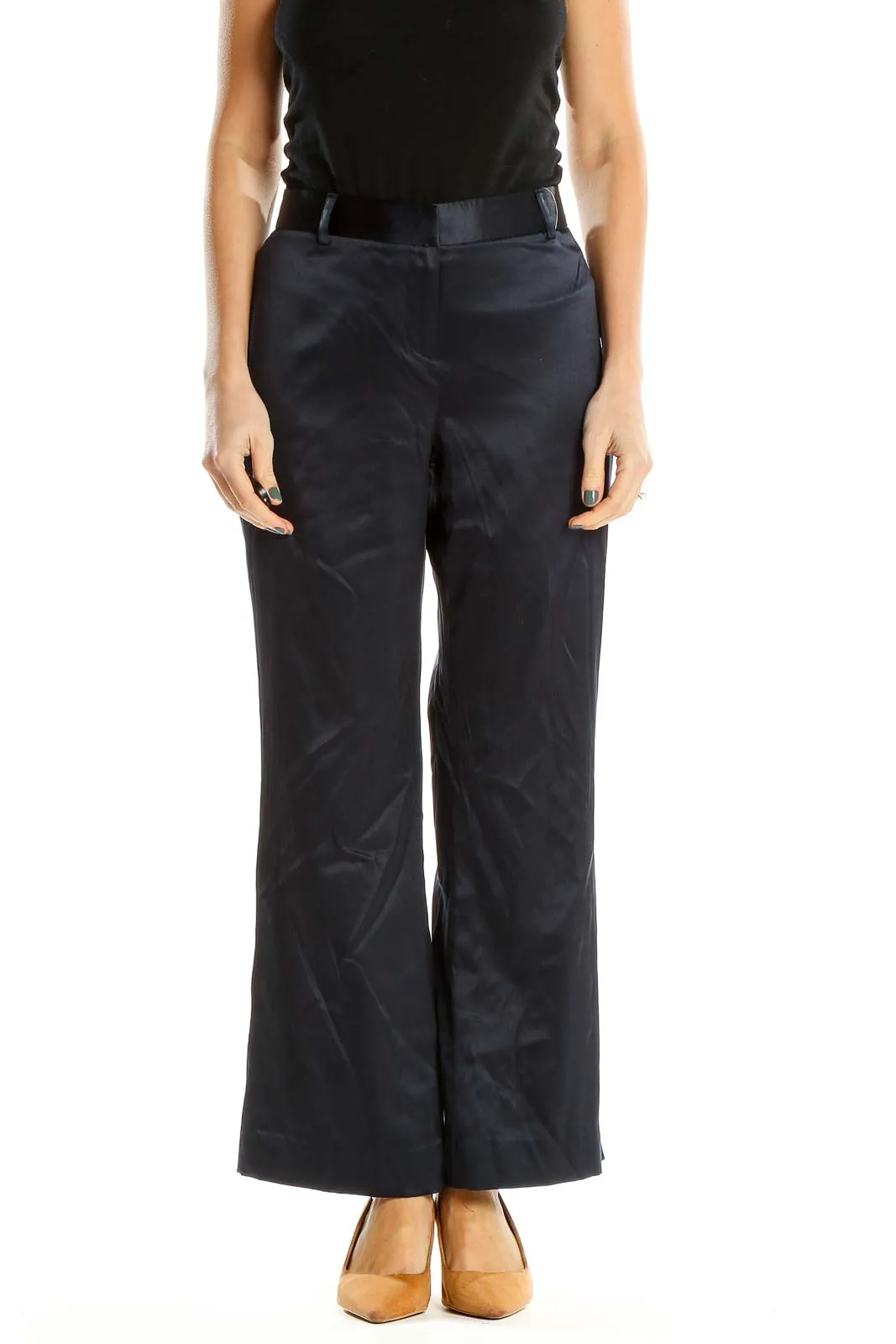 Blue Silk Textured Classic Flare Trousers
