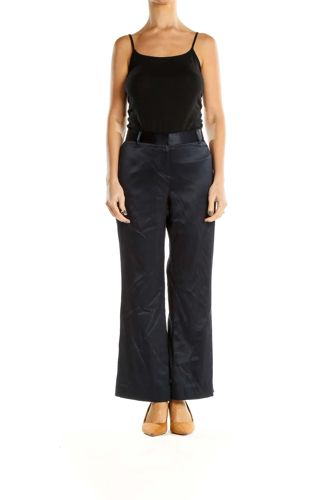 Blue Silk Textured Classic Flare Trousers