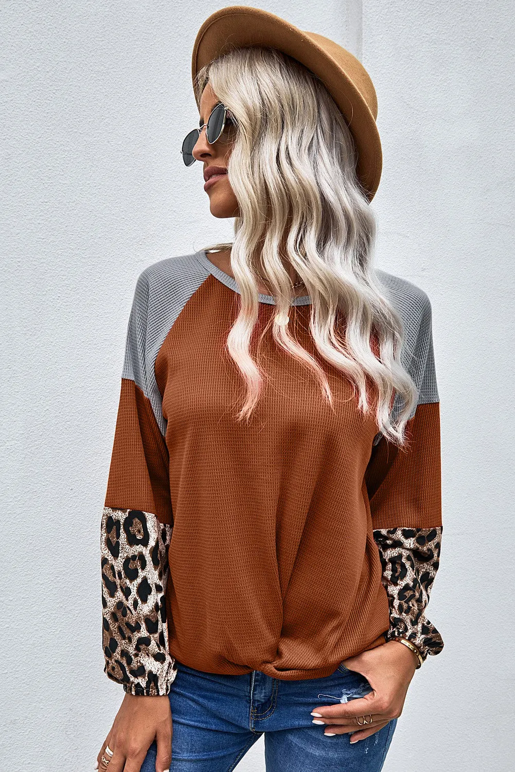Cali Chic Juniors' Long Sleeve Tops Celebrity Leopard Waffle Knit Multicolor Blouse with Twist Knot