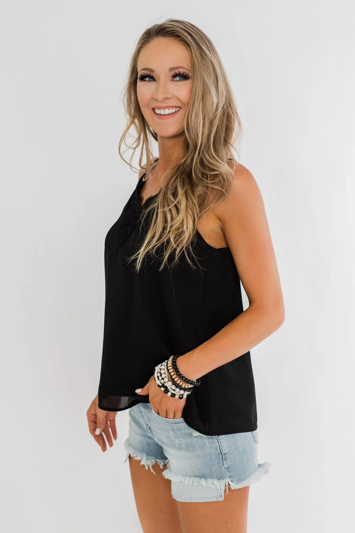 Casual Chic Lace Shift Tank Top- Black