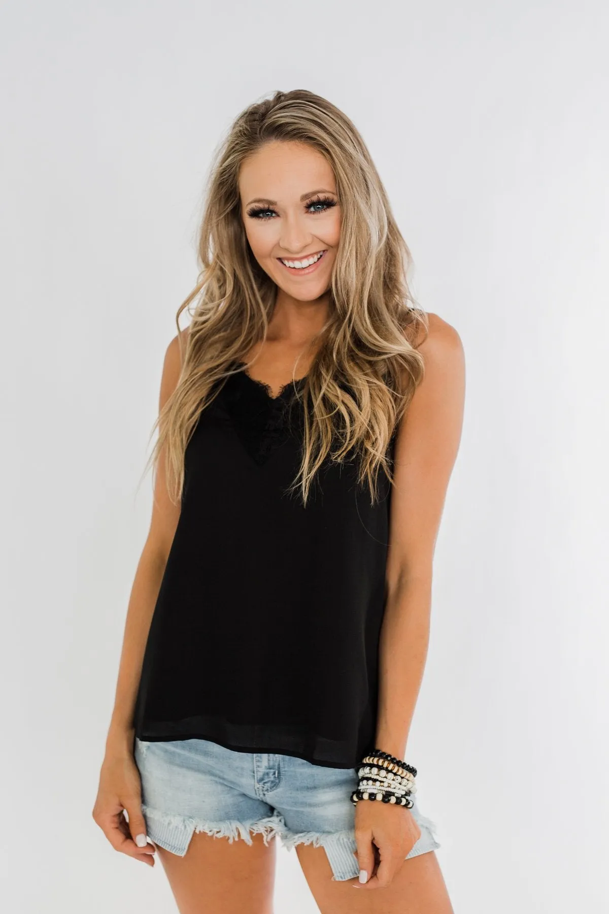 Casual Chic Lace Shift Tank Top- Black