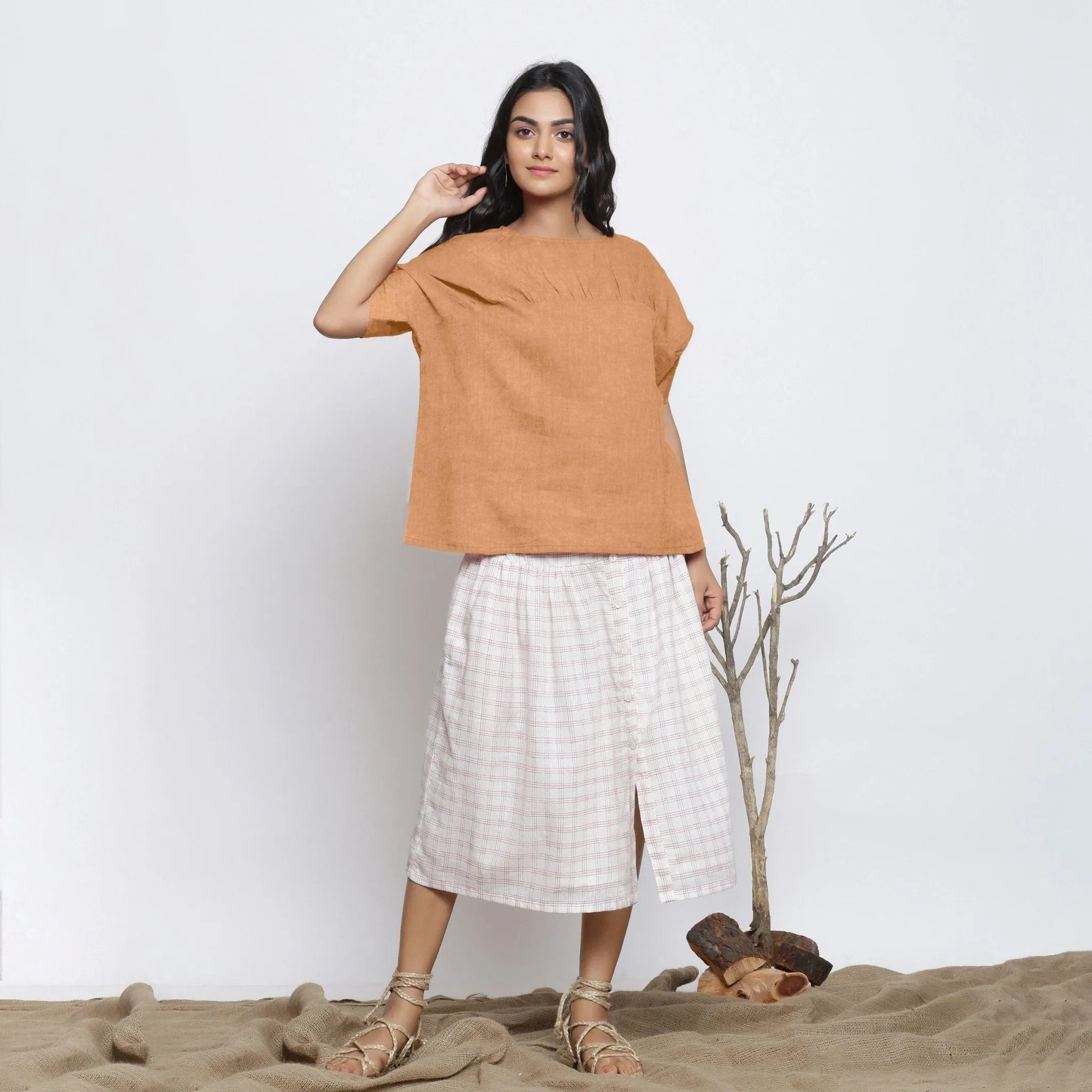 Desert Yellow Round Neck Linen Loose Fit Yoked Top