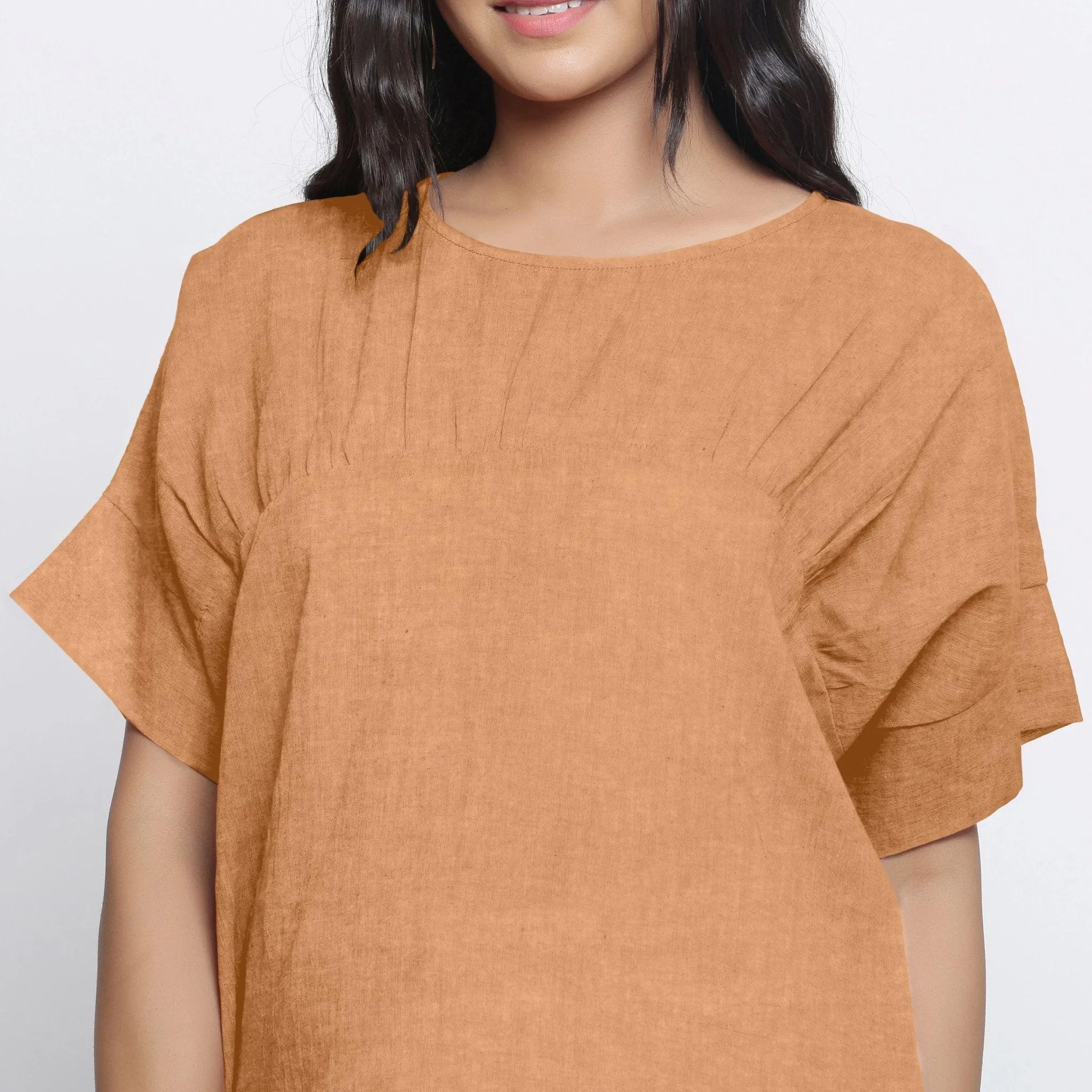 Desert Yellow Round Neck Linen Loose Fit Yoked Top