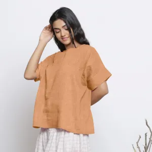 Desert Yellow Round Neck Linen Loose Fit Yoked Top