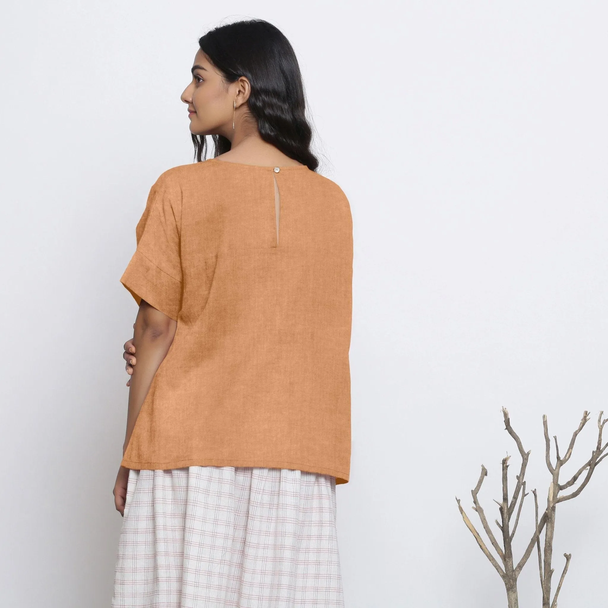 Desert Yellow Round Neck Linen Loose Fit Yoked Top