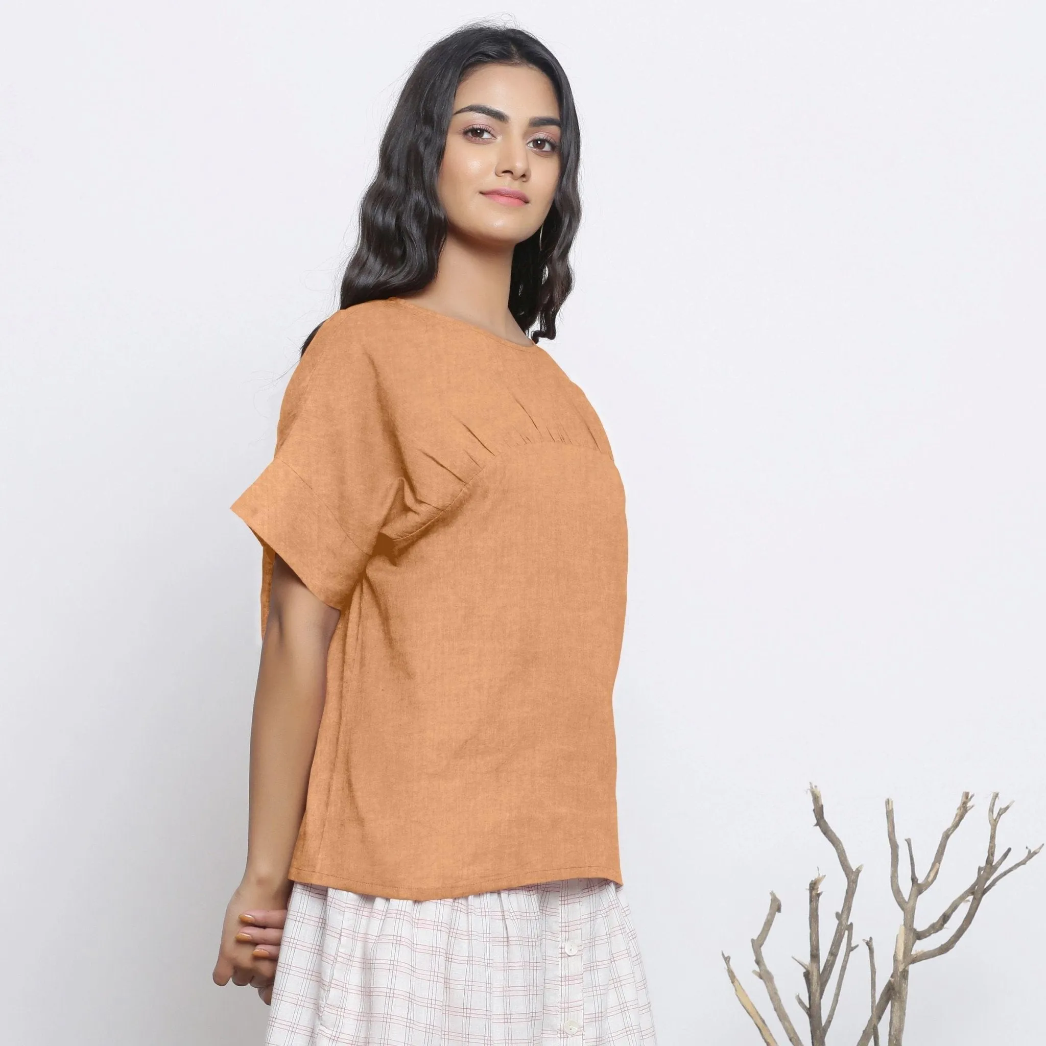 Desert Yellow Round Neck Linen Loose Fit Yoked Top