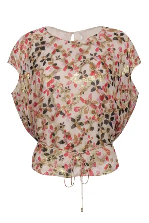 Diane von Furstenberg - Cream, Gold & Pink Floral Drawstring Top Sz S