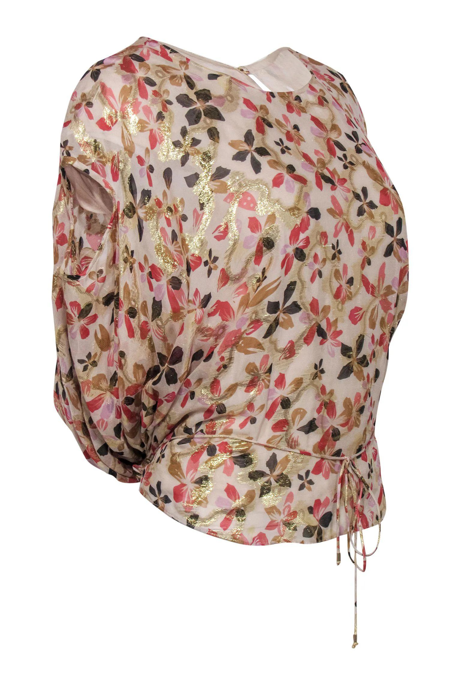 Diane von Furstenberg - Cream, Gold & Pink Floral Drawstring Top Sz S
