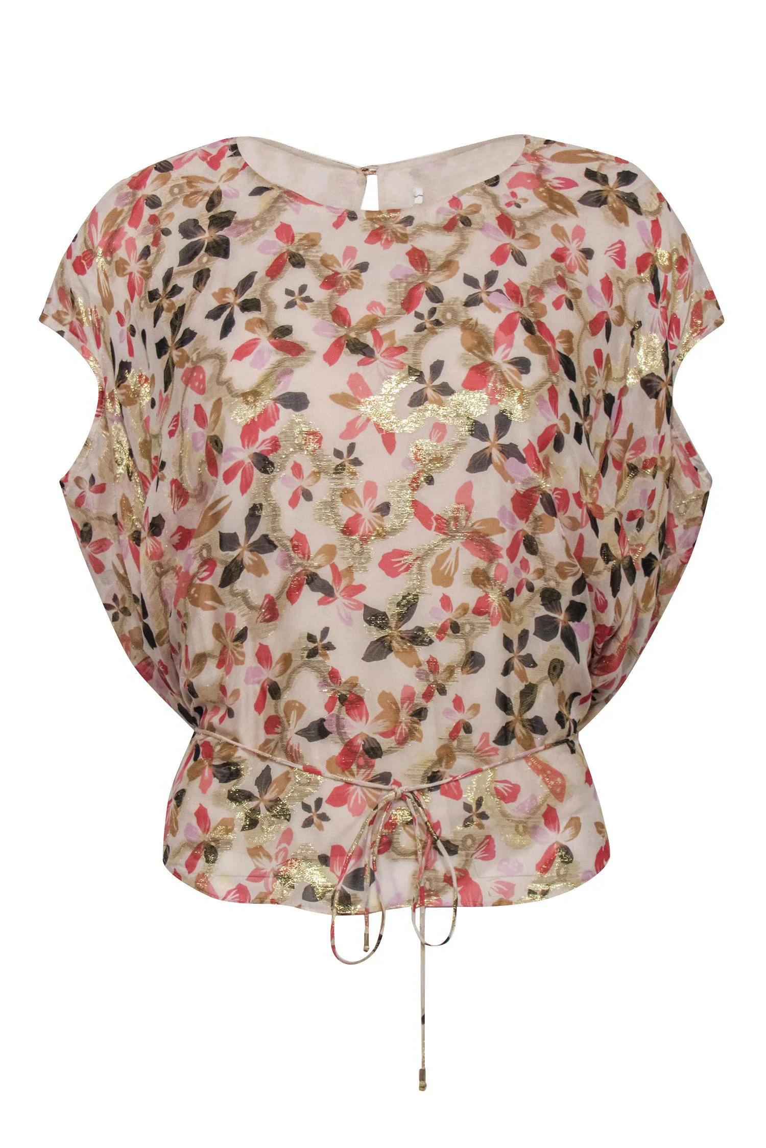 Diane von Furstenberg - Cream, Gold & Pink Floral Drawstring Top Sz S