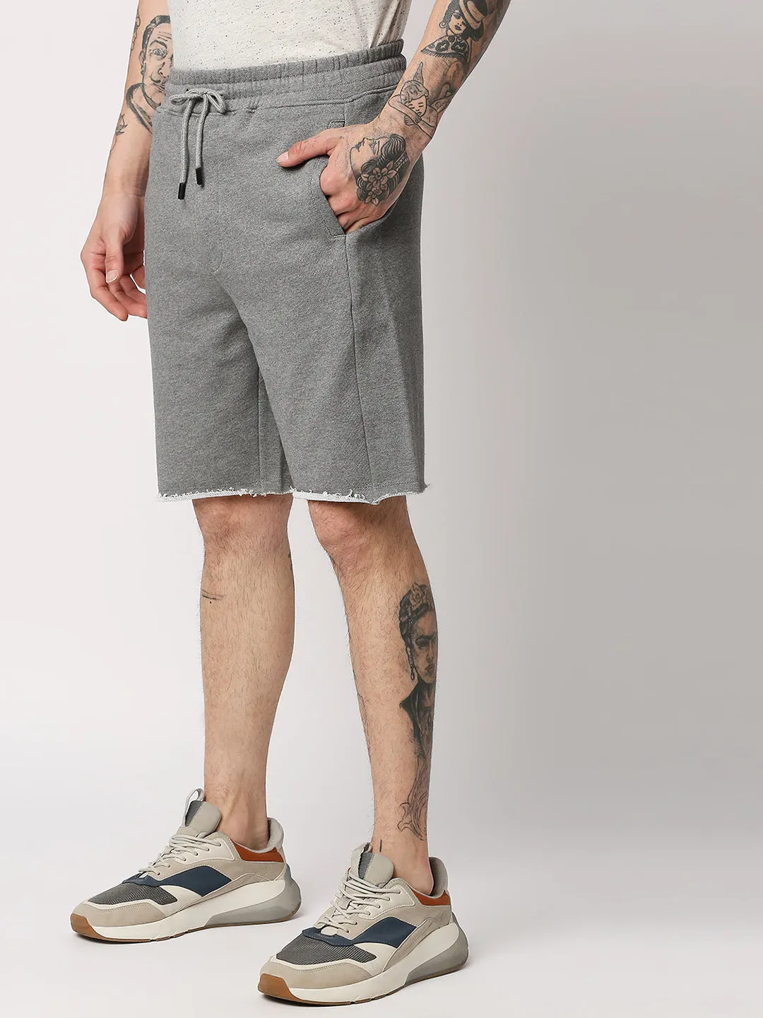 Disrupt Mens Grey Raw-edge Hem Graphic Print Shorts