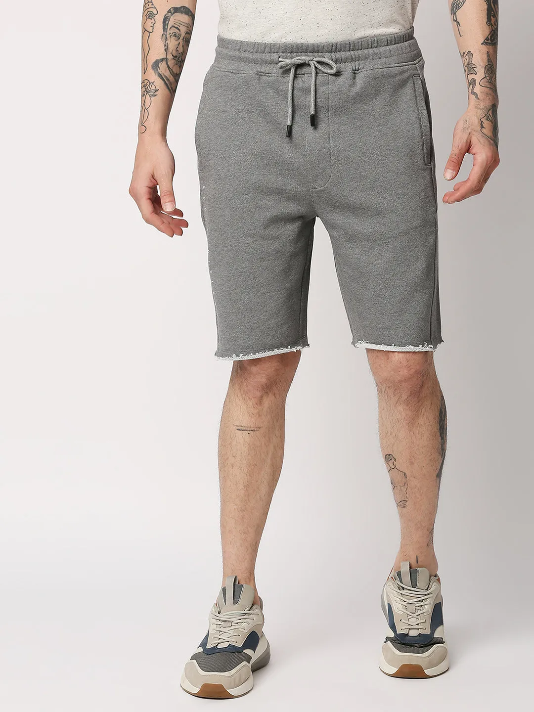 Disrupt Mens Grey Raw-edge Hem Graphic Print Shorts