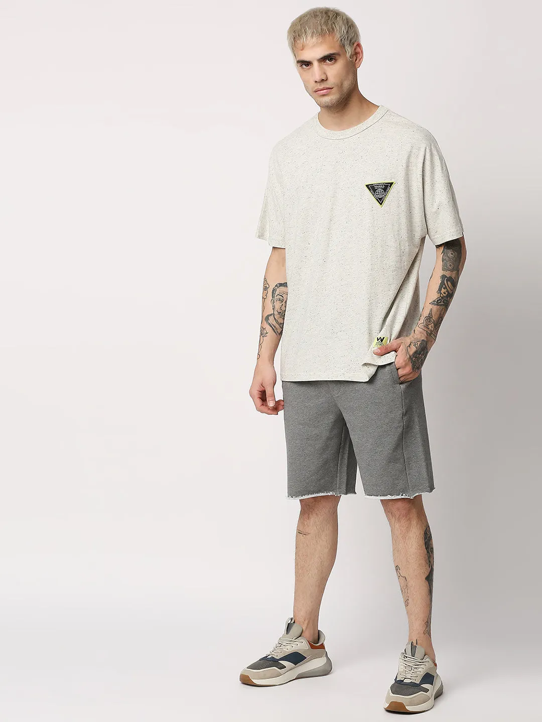 Disrupt Mens Grey Raw-edge Hem Graphic Print Shorts