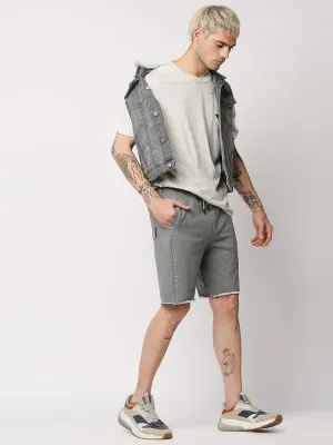 Disrupt Mens Grey Raw-edge Hem Graphic Print Shorts