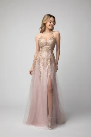 Embroidered Lace-Up Back A-line Slit Gown by Juno 0936